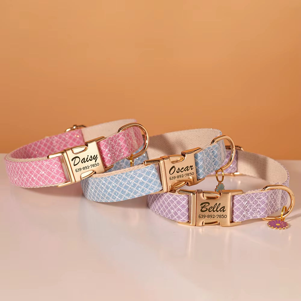 Custom Dog Collar Bling Nylon Dog Collars with Flower Tag Free Engraving Pet Name Buckle Necklace for Small Medium Large Dogs