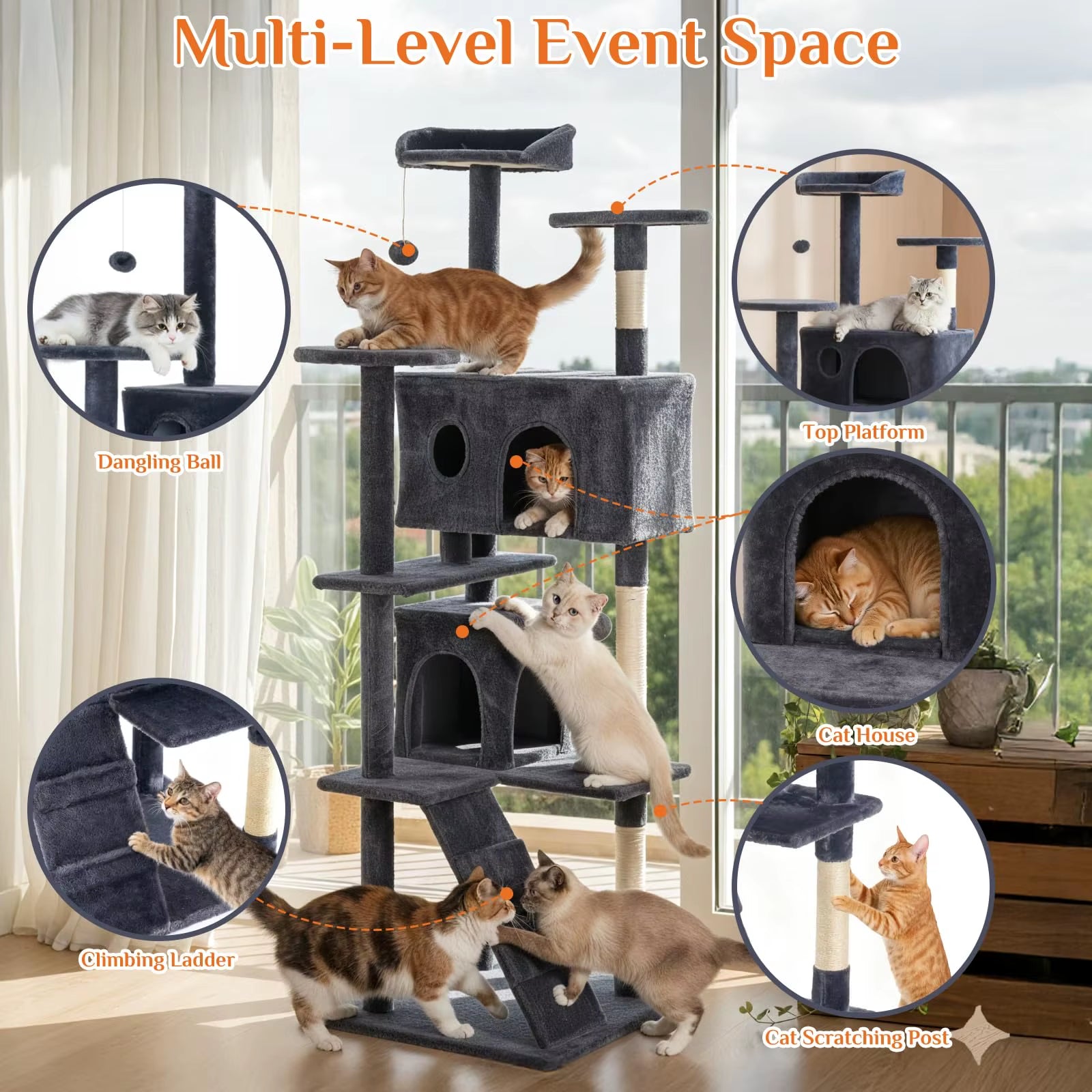 80 Inch Cat Tree Tower Large Multi Level Cat Climbing Tower with Condo Natural Sisal Scratching Posts Pet House for Indoor