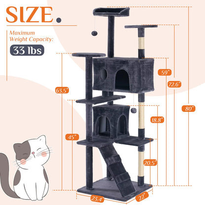 80 Inch Cat Tree Tower Large Multi Level Cat Climbing Tower with Condo Natural Sisal Scratching Posts Pet House for Indoor