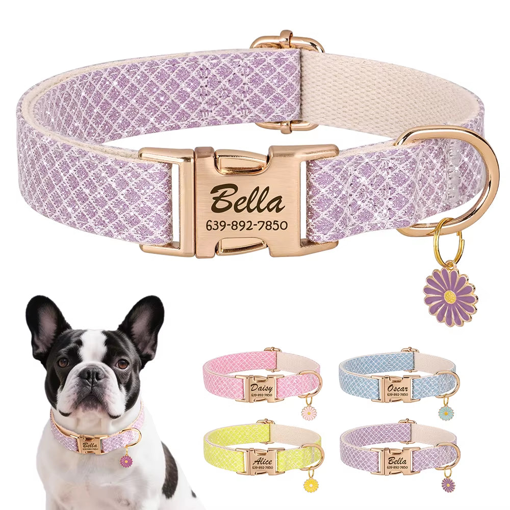 Custom Dog Collar Bling Nylon Dog Collars with Flower Tag Free Engraving Pet Name Buckle Necklace for Small Medium Large Dogs