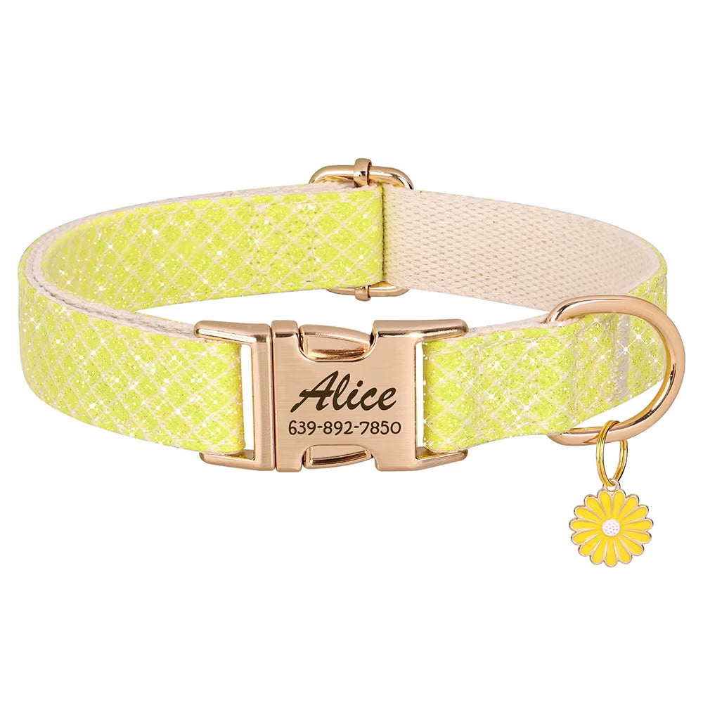 Custom Dog Collar Bling Nylon Dog Collars with Flower Tag Free Engraving Pet Name Buckle Necklace for Small Medium Large Dogs