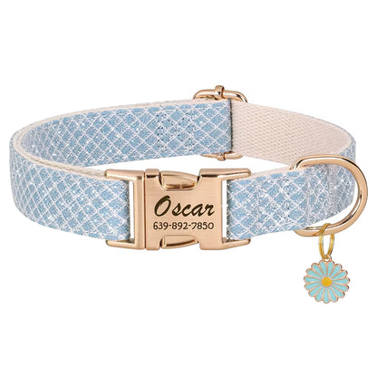 Custom Dog Collar Bling Nylon Dog Collars with Flower Tag Free Engraving Pet Name Buckle Necklace for Small Medium Large Dogs