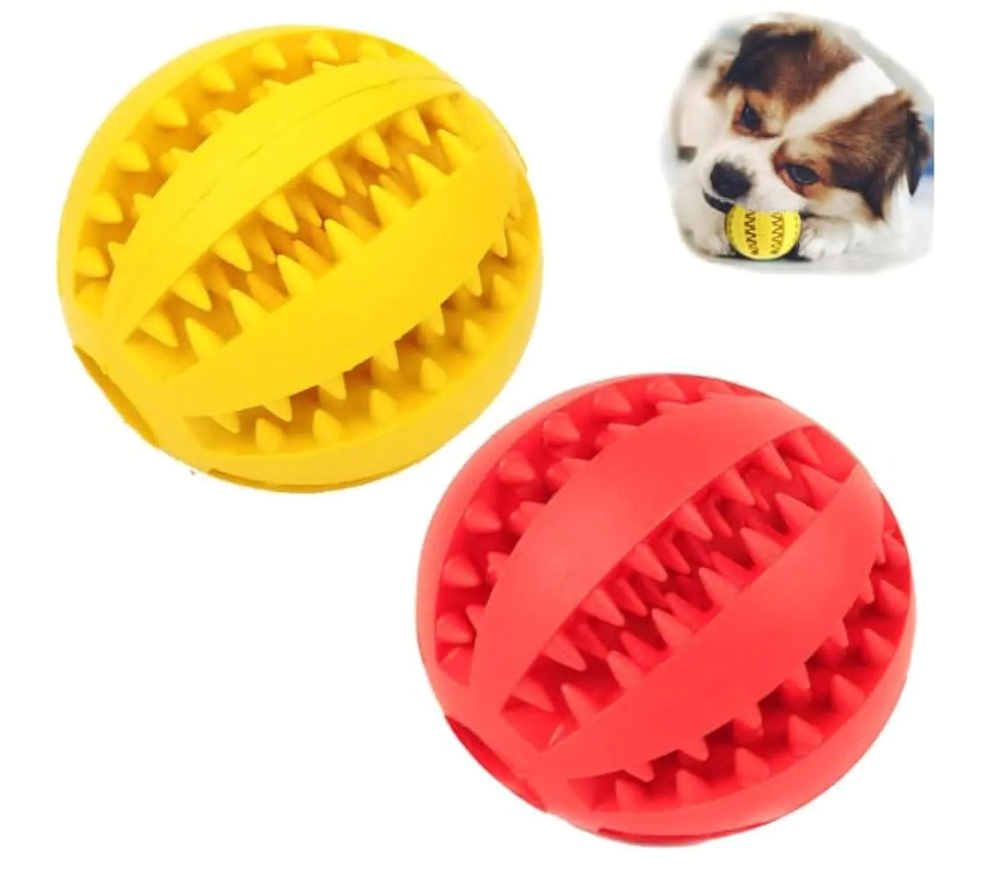 Two rubber dog toys, one yellow and one red, with a inset of a dog playing with a yellow toy.