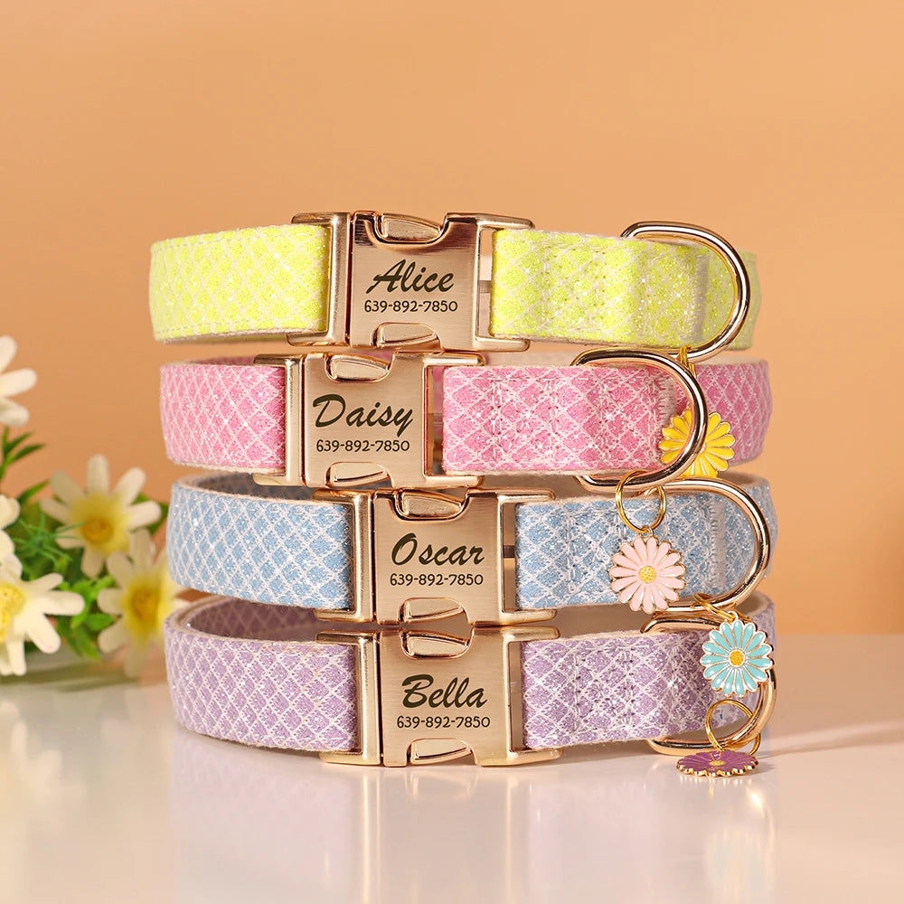 Personalized Bling Dog Collar with Flower Tag - Free Engraving