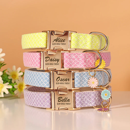 Personalized Bling Dog Collar with Flower Tag - Free Engraving