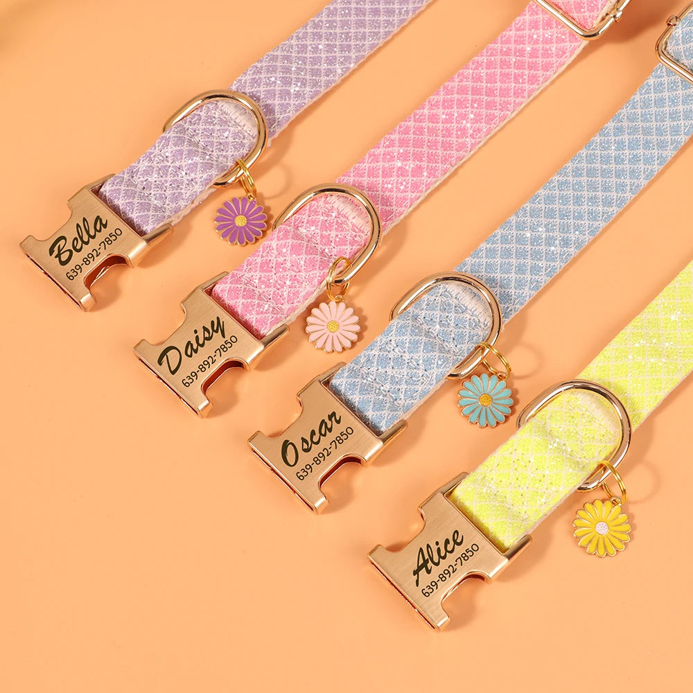 Personalized Bling Dog Collar with Flower Tag - Free Engraving
