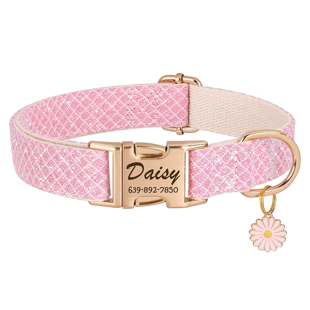 Custom Dog Collar Bling Nylon Dog Collars with Flower Tag Free Engraving Pet Name Buckle Necklace for Small Medium Large Dogs